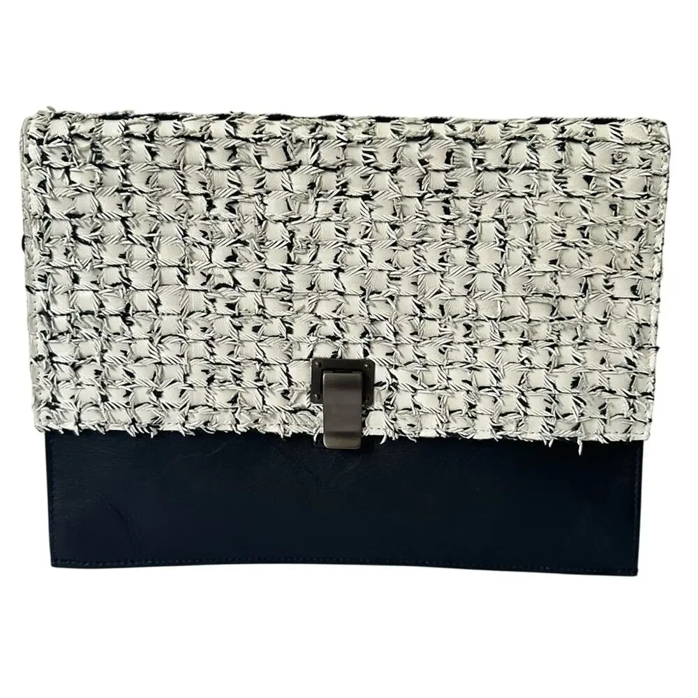 Proenza Schouler Woven Tweed Clutch Black & White Leather Authentic Celeb Style